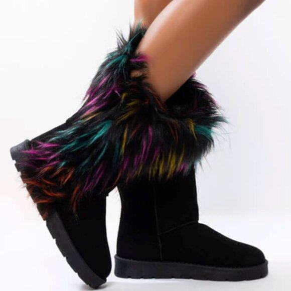 Bamboo Women's Black/Multi Color Winter Ankle Fur Cuffy Boots - Picture 2 of 4